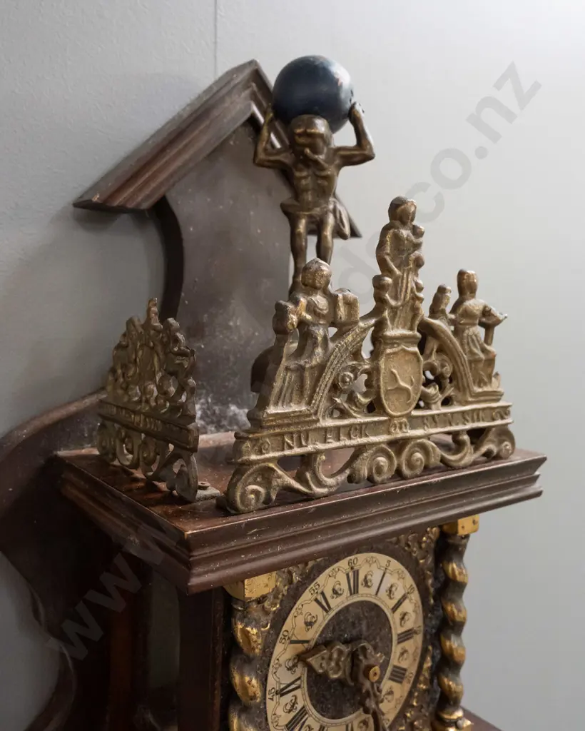reproduction Dutch wall clock with cast metal pendulum and ornaments, pear-shaped weights, atlas figure & cast motto Image 1++