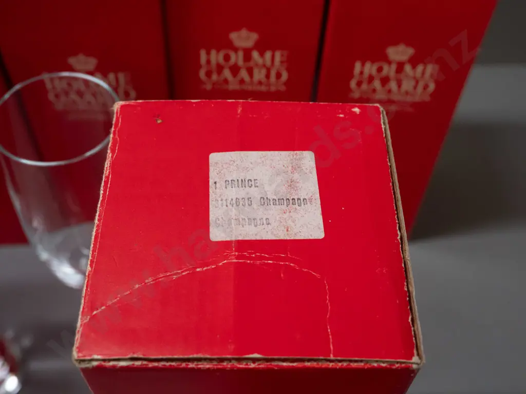 8 Holmegaard Copenhagen "Prince" pattern heavy tapered bubble base champagne glasses H-245 - with original boxes Image 1++