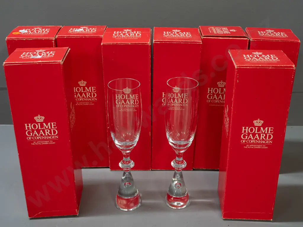 8 Holmegaard Copenhagen "Prince" pattern heavy tapered bubble base champagne glasses H-245 - with original boxes Image 1++