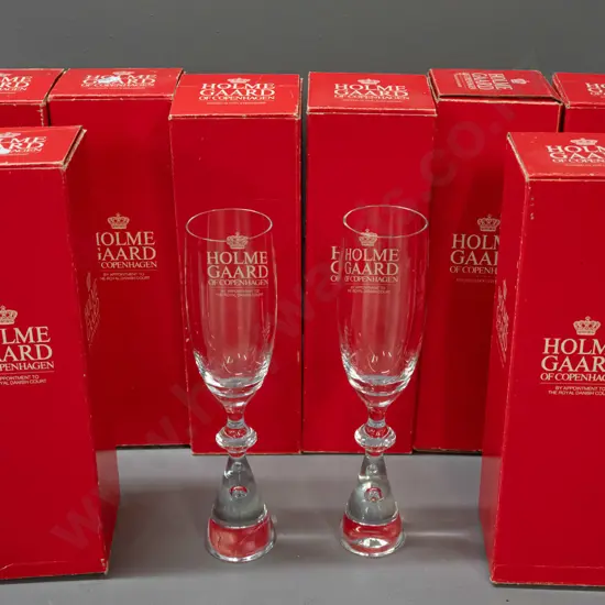 8 Holmegaard Copenhagen "Prince" pattern heavy tapered bubble base champagne glasses H-245 - with original boxes