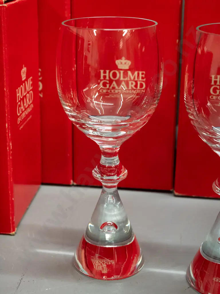 8 Holmegaard Copenhagen "Prince" pattern heavy tapered bubble base port / sherry glasses H-150 - with original boxes Image 1++