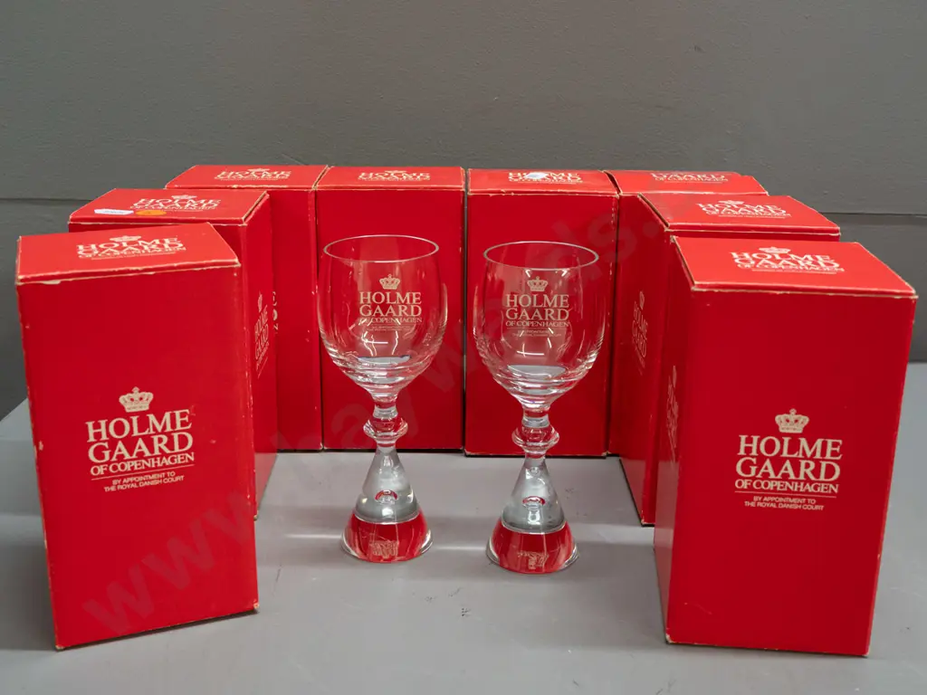 8 Holmegaard Copenhagen "Prince" pattern heavy tapered bubble base port / sherry glasses H-150 - with original boxes Image 1++