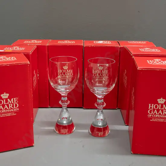 8 Holmegaard Copenhagen "Prince" pattern heavy tapered bubble base port / sherry glasses H-150 - with original boxes