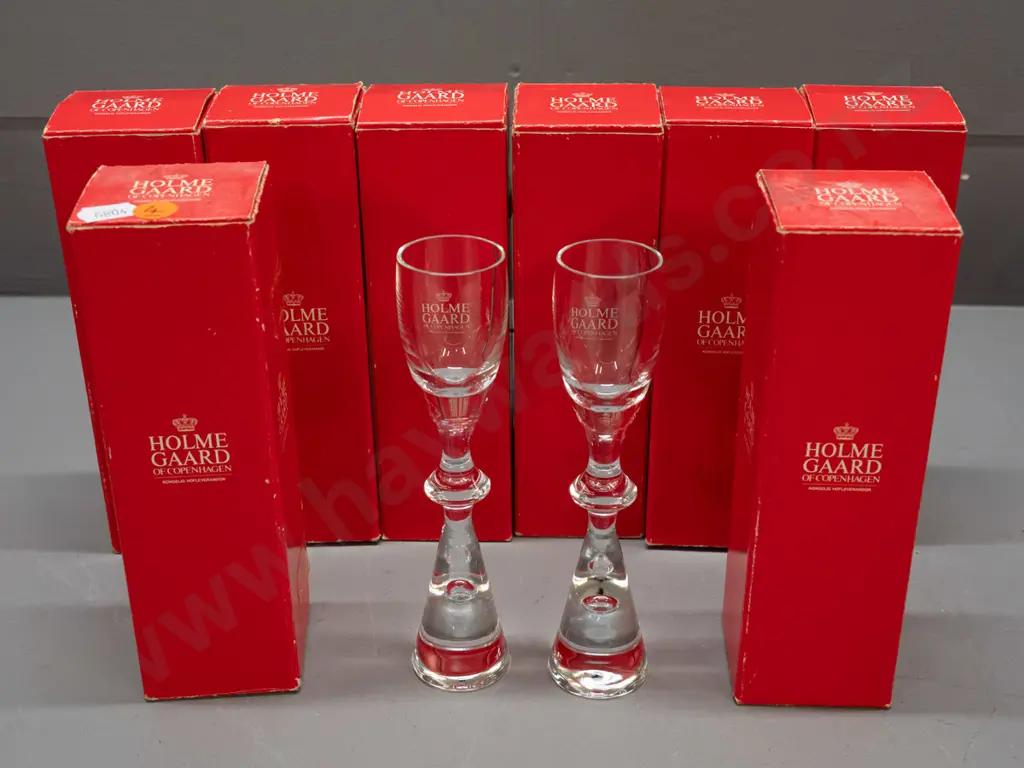 8 Holmegaard Copenhagen "Prince" pattern heavy tapered bubble base cordial / liqueur glasses H-170 - with original boxes Image 1++
