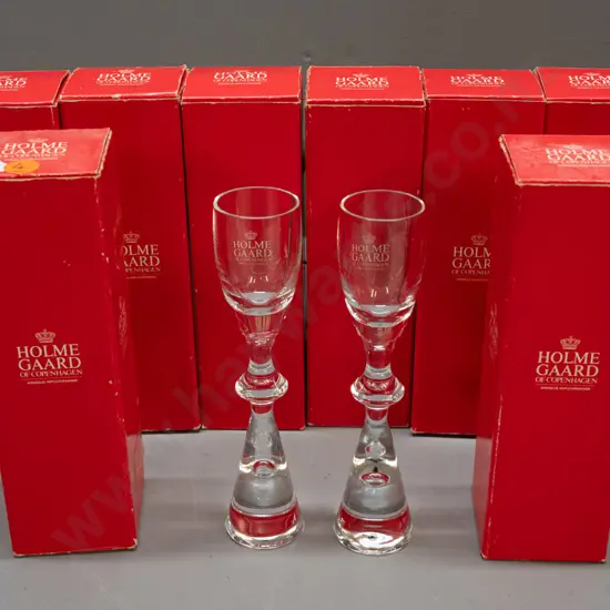 8 Holmegaard Copenhagen "Prince" pattern heavy tapered bubble base cordial / liqueur glasses H-170 - with original boxes