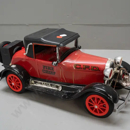Jim Beam automotive decanter - 1928 Ford fire chief vehicle - has contents, label worn but intact, some discolouration