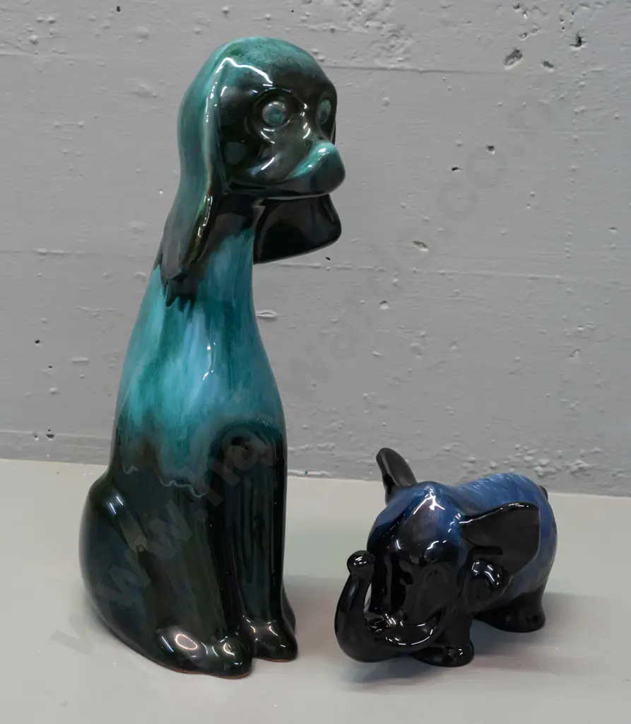 Blue Mountain pottery deek blue glaze elephant L-165 and tall sitting dog H-345 Image 1++