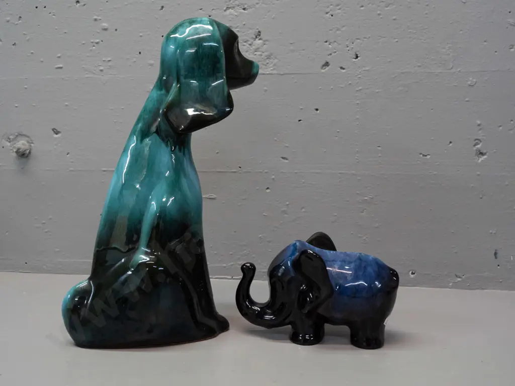 Blue Mountain pottery deek blue glaze elephant L-165 and tall sitting dog H-345 Image 1++