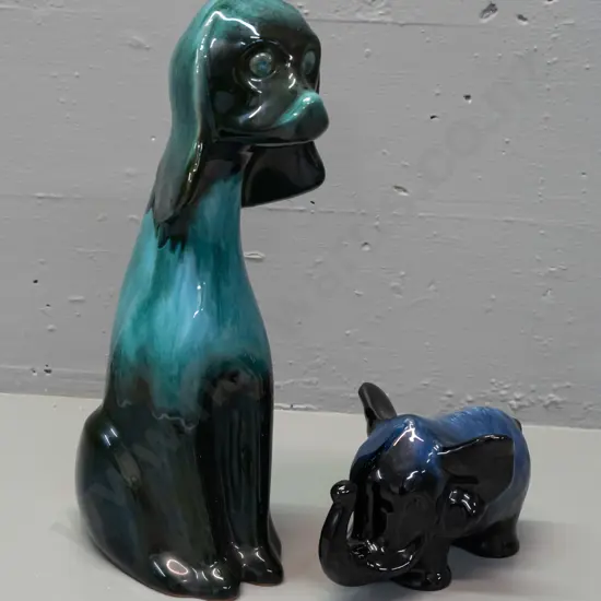 Blue Mountain pottery deek blue glaze elephant L-165 and tall sitting dog H-345