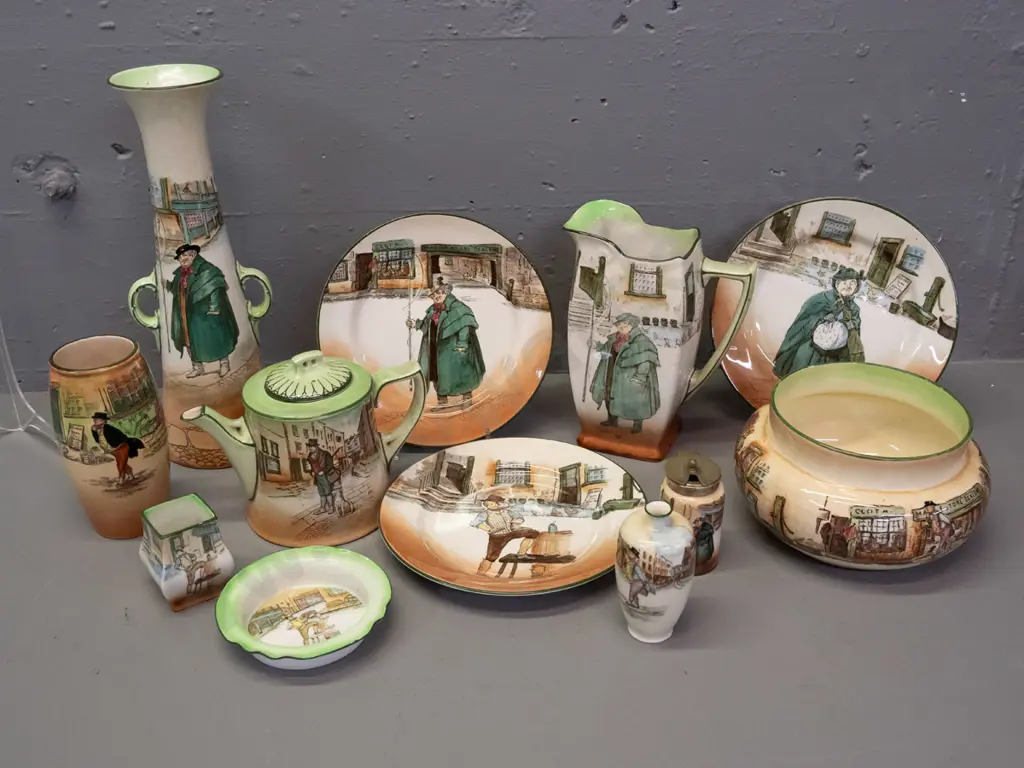 12 pieces Royal Doulton Dickens Ware - teapot, 3 side plates, jug, rose bowl, vases etc - Pickwick, Sam & Tony Weller, Image 1++