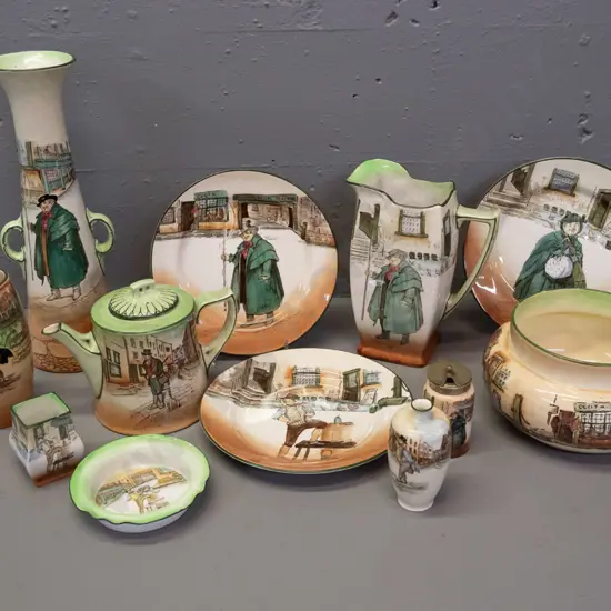 12 pieces Royal Doulton Dickens Ware - teapot, 3 side plates, jug, rose bowl, vases etc - Pickwick, Sam & Tony Weller,