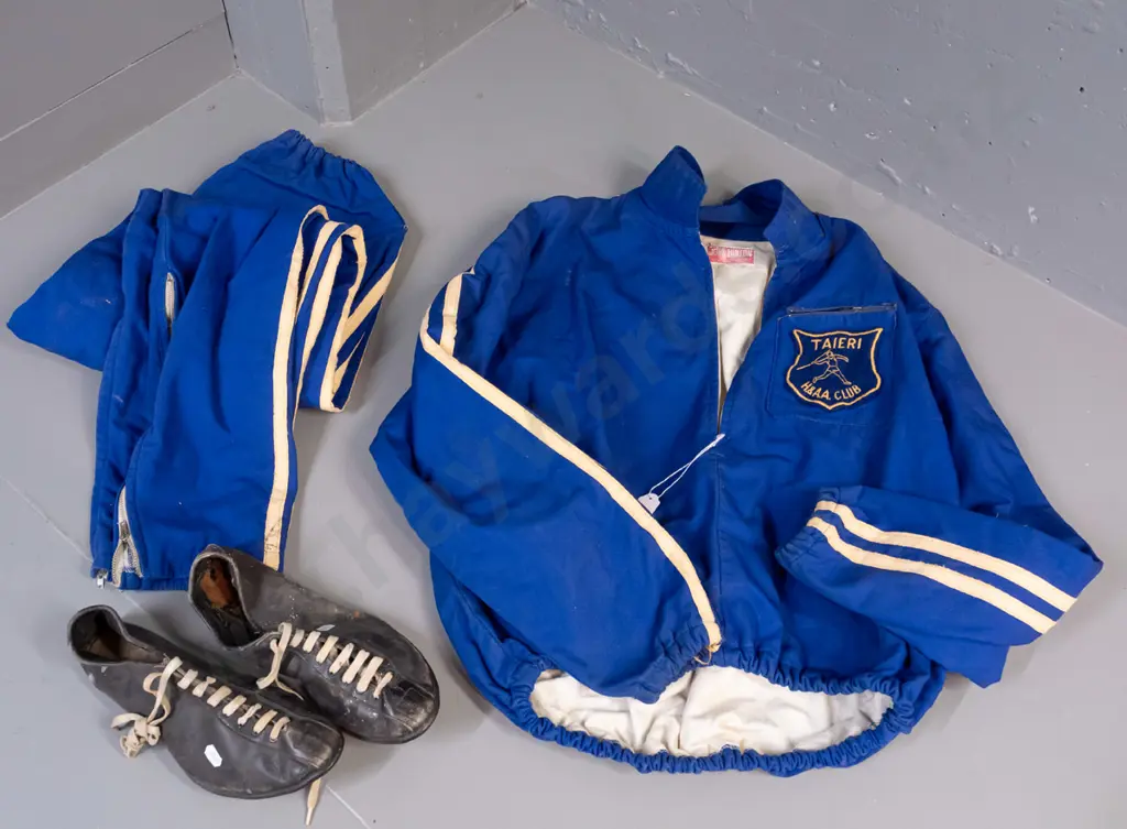 retro athletic outfit with track pants, top and spike shoes - embroidered "Taieri H. & A.A. Club" patch - age wear and Image 1++