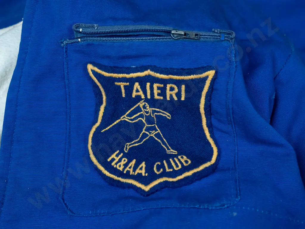 retro athletic outfit with track pants, top and spike shoes - embroidered "Taieri H. & A.A. Club" patch - age wear and Image 1++