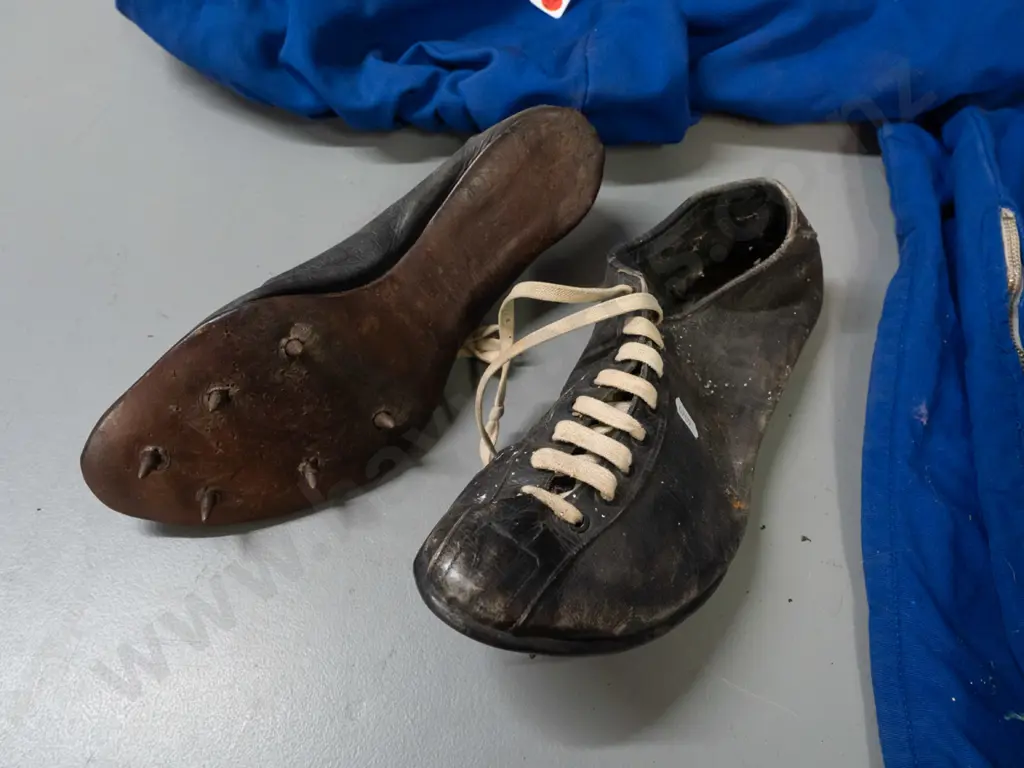 retro athletic outfit with track pants, top and spike shoes - embroidered "Taieri H. & A.A. Club" patch - age wear and Image 1++