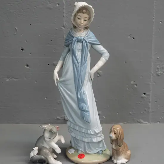 Nao standing figurine H-310 and 2 Lladro animals - seated dog and cat with mouse on its tail.