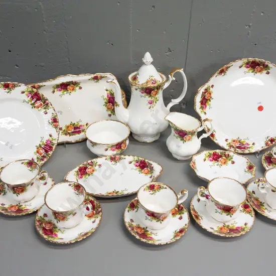 Royal Albert Old Country Roses 15-piece coffee set with extras - cake plate, side plate, sandwich tray and 2 others.