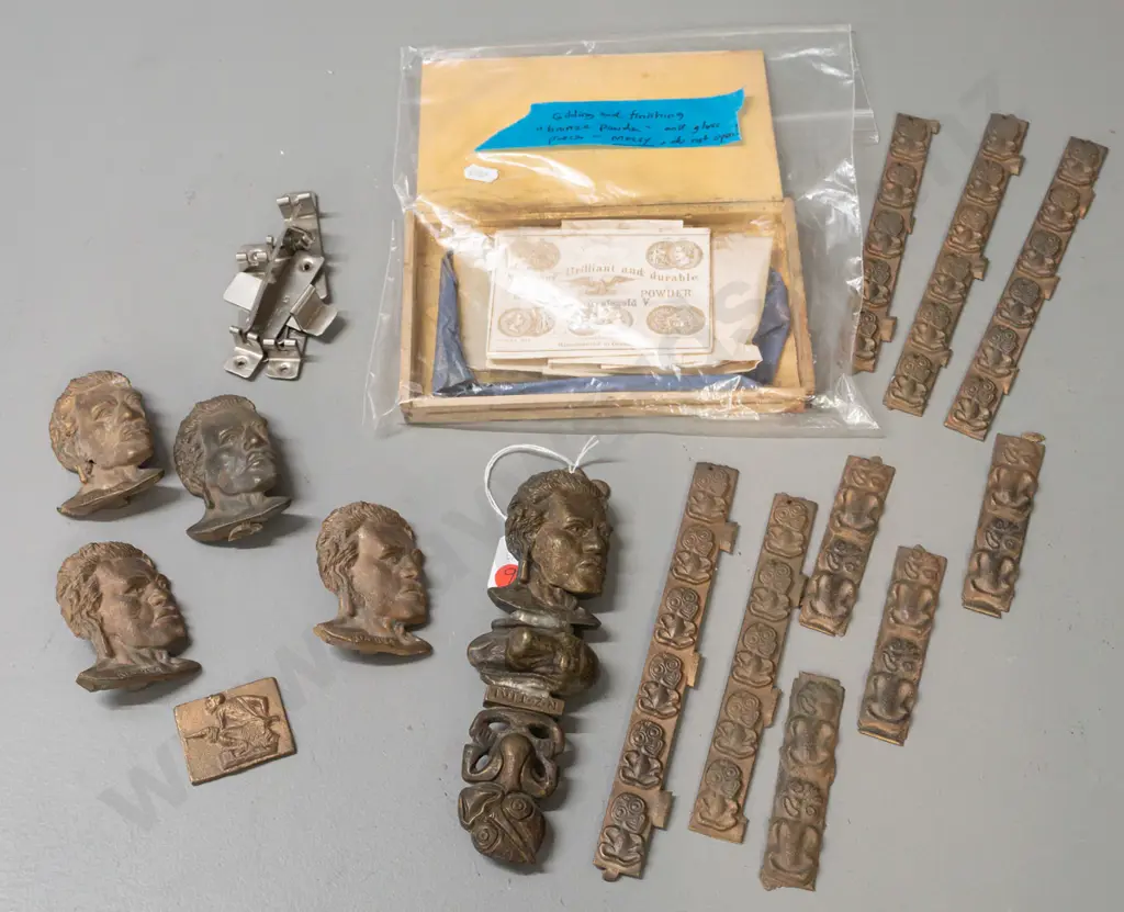 assorted Maori tiki and chief motif cast metal pieces, most marked "King" on back including steel door knocker brackets Image 1++