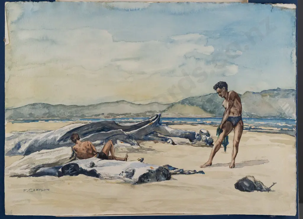 F Grayson -- watercolour loose in mat, young men at the beach. H-285 W-390 [light foxing] Image 1++