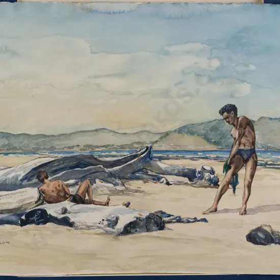 F Grayson -- watercolour loose in mat, young men at the beach. H-285 W-390 [light foxing]