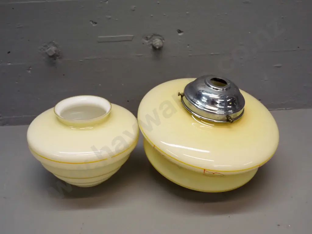 2 vintage glass ceiling light shades - both yellow with hand painted decoration - one with chrome journal has a few Image 1++