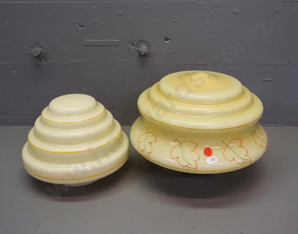 2 vintage glass ceiling light shades - both yellow with hand painted decoration - one with chrome journal has a few Image 1++