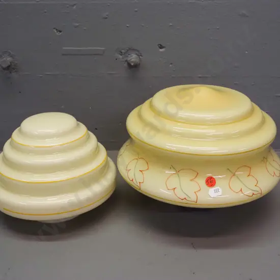 2 vintage glass ceiling light shades - both yellow with hand painted decoration - one with chrome journal has a few