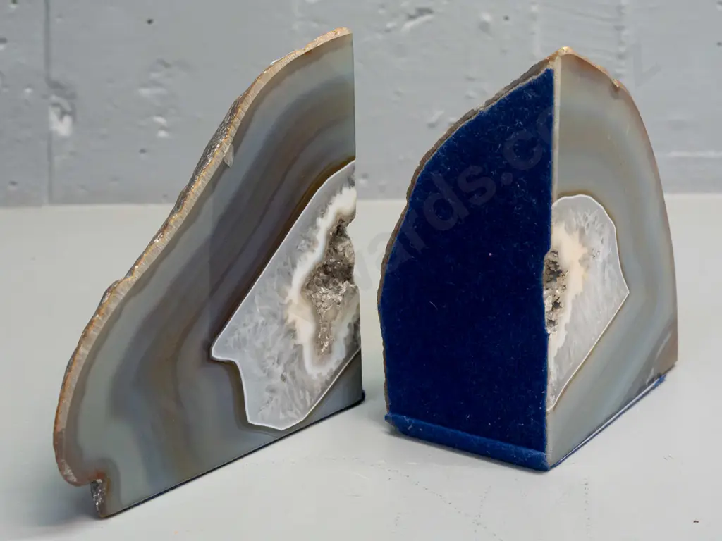 pair of polished agate geode book-ends with baize lining on 2 sides H-140 W-260 across the pair Image 1++