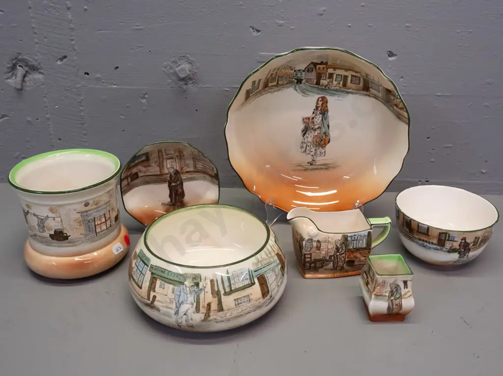 7 pieces Royal Doulton Dickens Ware - 4 bowls, jug, large and small vases - Fagin, Little Nell, etc. - one Image 1++