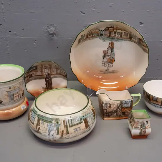 7 pieces Royal Doulton Dickens Ware - 4 bowls, jug, large and small vases - Fagin, Little Nell, etc. - one