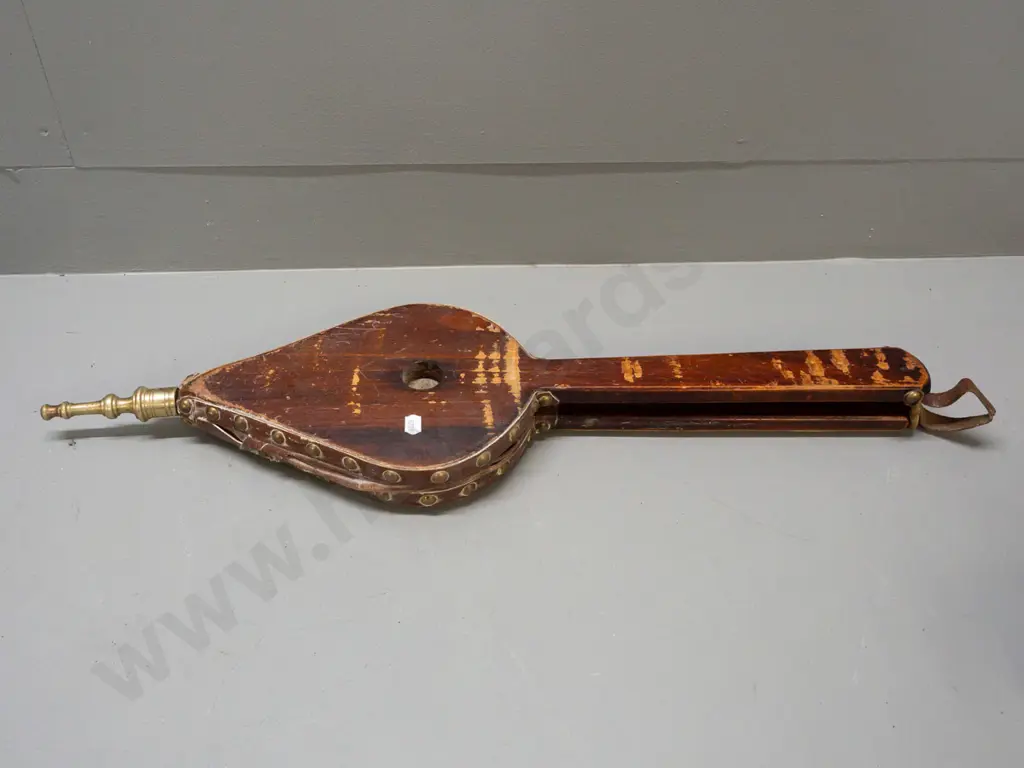 vintage timber, leather and beaten brass bellows, some wear to leather L-650 Image 1++