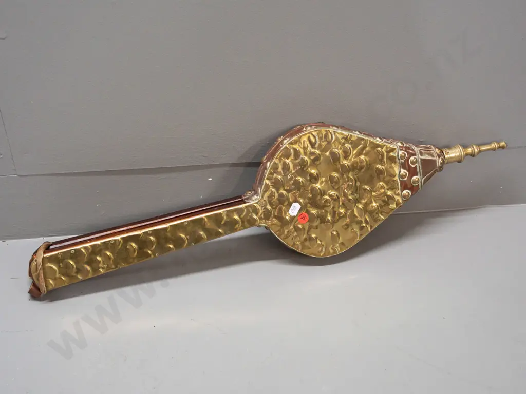 vintage timber, leather and beaten brass bellows, some wear to leather L-650 Image 1++