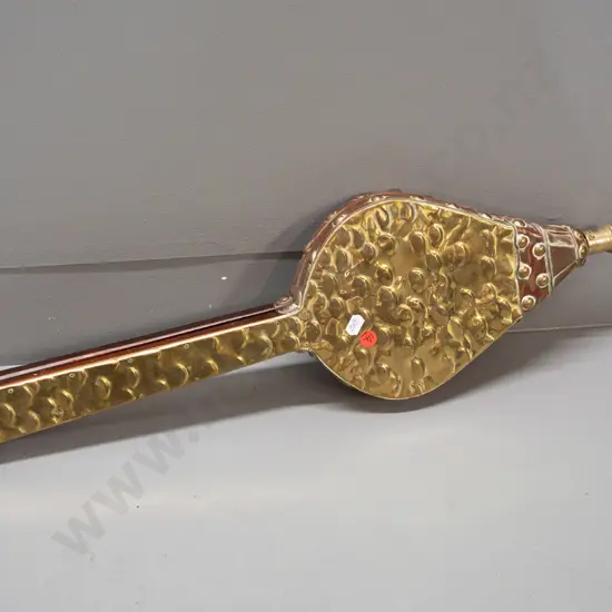 vintage timber, leather and beaten brass bellows, some wear to leather L-650