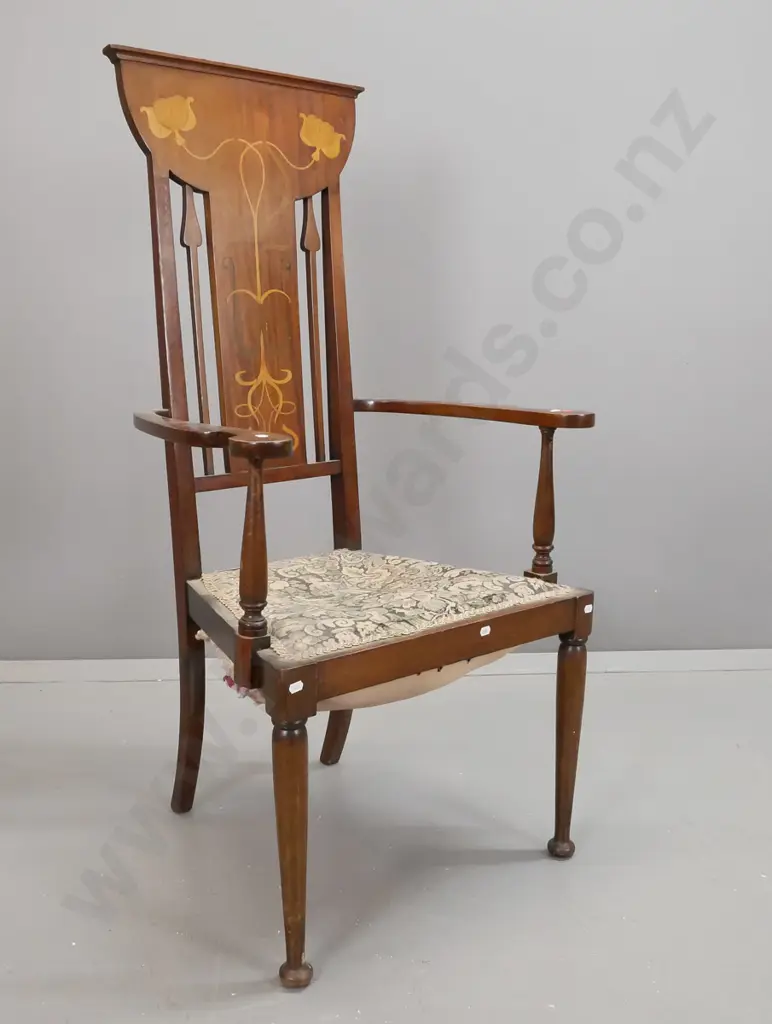 walnut arts & crafts stye open-armed high back chair with mixed timber inlaid decoration and pierced cutouts in back, Image 1++