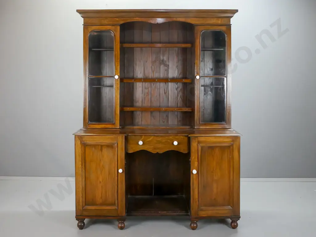 Victorian oak break-front kitchen cupboard, top w/ 2 arched glazed doors, 3 shelves with plate rack and brass cup hooks, Image 1++