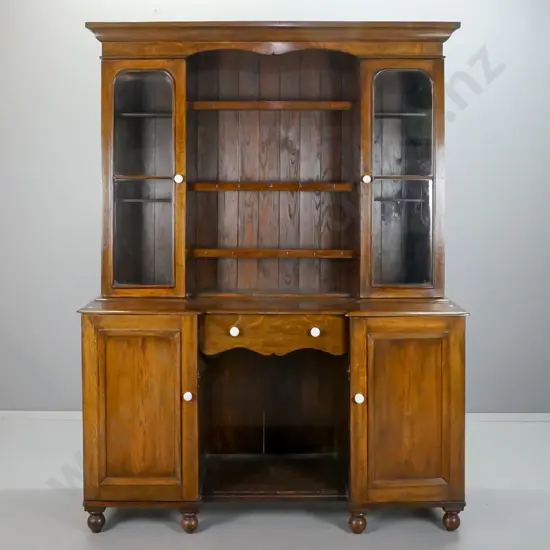 Victorian oak break-front kitchen cupboard, top w/ 2 arched glazed doors, 3 shelves with plate rack and brass cup hooks,