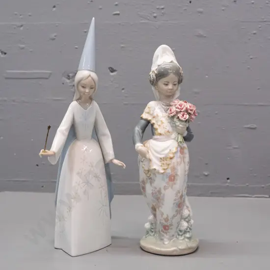 2 Lladro figures - fairy princess or sorceress and woman with floral bouquet. Taller H-280 has bent wand, glue residue