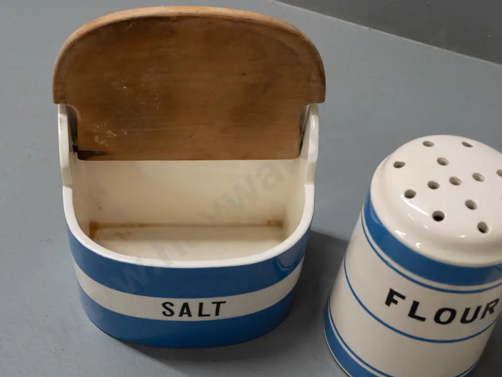 3 pieces of blue and white Cornish ware - wall hanging salt with wooden lid marked T&G Greene, sugar and flour Image 1++