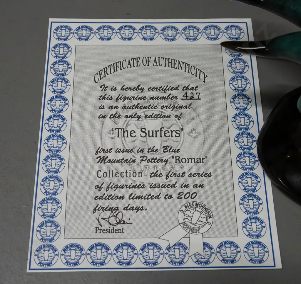 Blue Mountain pottery ltd. edition Romar series figurines with certificate: "The Surfers" and "Surfers III" Image 1++