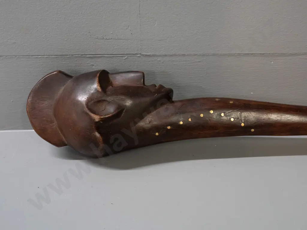 African carved timber staff or club - Fang tribe, Gabon, figural carved head, brass stud decoration L680 Image 1++