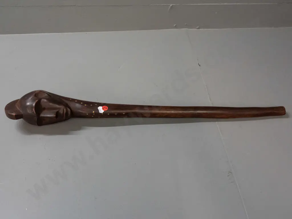 African carved timber staff or club - Fang tribe, Gabon, figural carved head, brass stud decoration L680 Image 1++