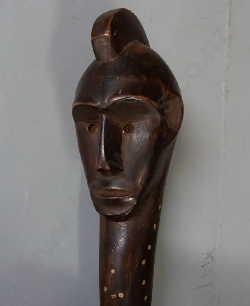 African carved timber staff or club - Fang tribe, Gabon, figural carved head, brass stud decoration L680 Image 1++