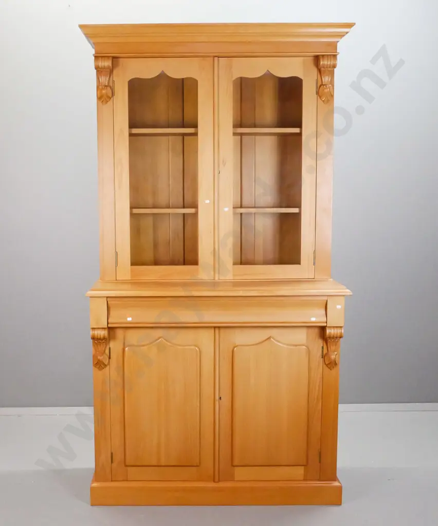 reproduction kauri colonial style bookcase chiffonier w/ shaped cornice, carved corbels, 2 shield shaped doors in base - Image 1++