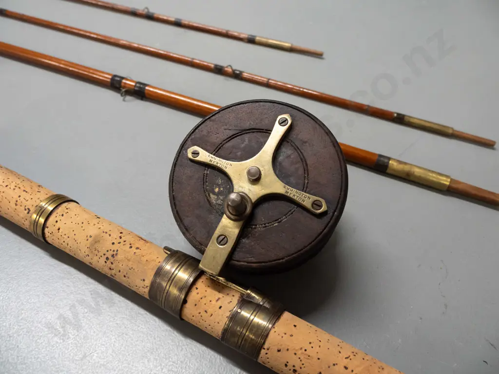 vintage 3 piece timber fly fishing rod with 2 tip sections, with brass ferrules, brass and wood reel marked Eggington Image 1++