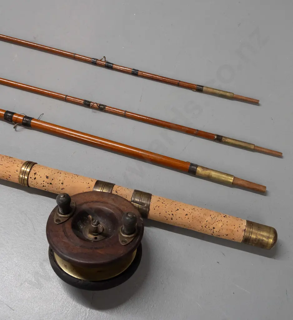 vintage 3 piece timber fly fishing rod with 2 tip sections, with brass ferrules, brass and wood reel marked Eggington Image 1++