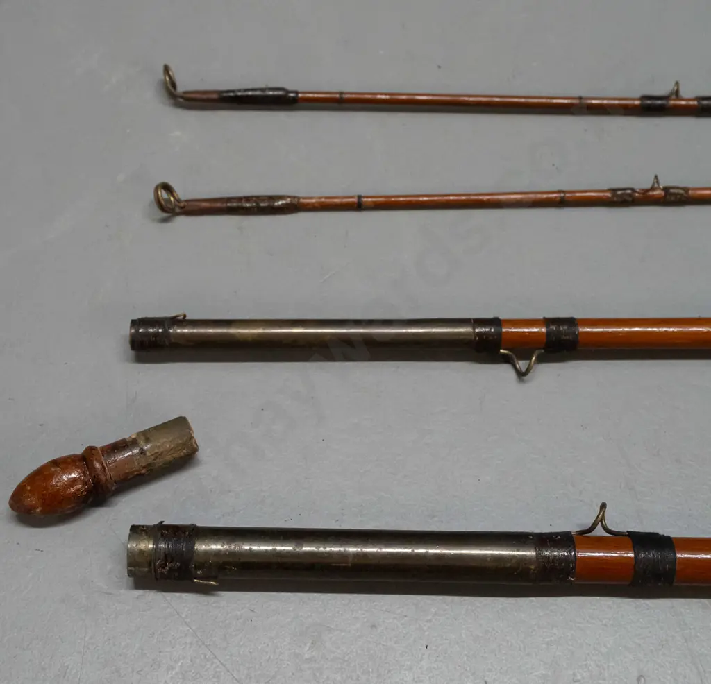 vintage 3 piece timber fly fishing rod with 2 tip sections, with brass ferrules, brass and wood reel marked Eggington Image 1++