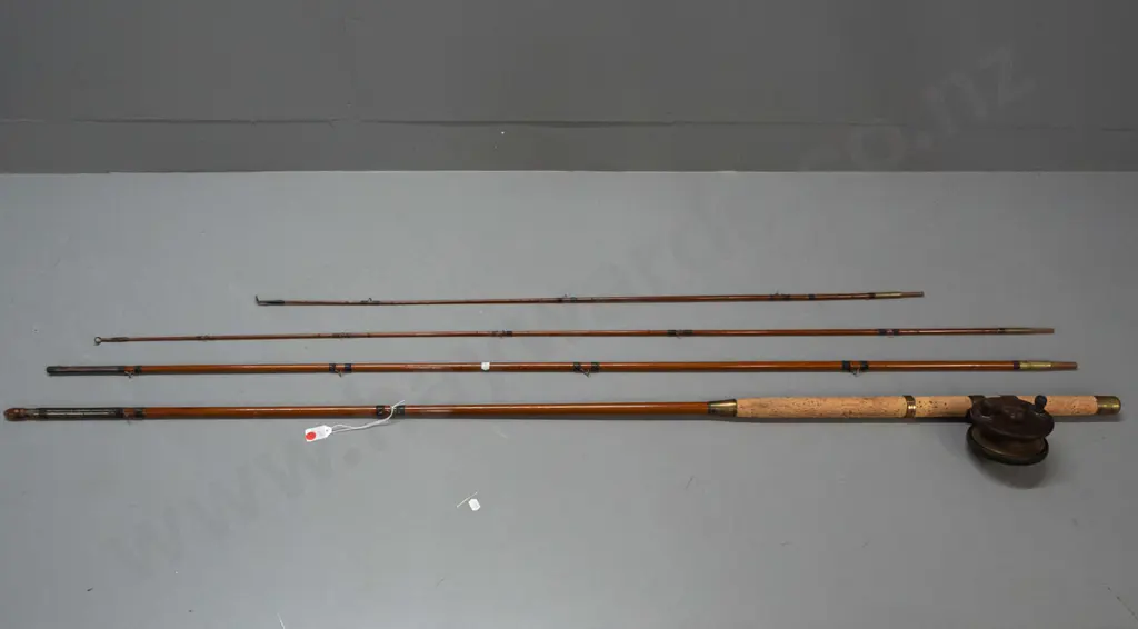 vintage 3 piece timber fly fishing rod with 2 tip sections, with brass ferrules, brass and wood reel marked Eggington Image 1++