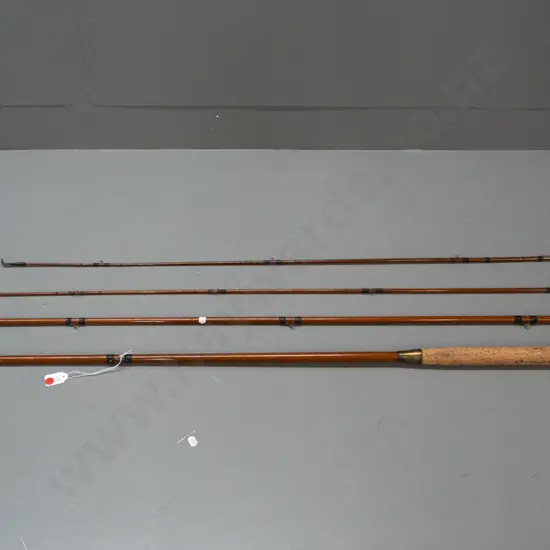 vintage 3 piece timber fly fishing rod with 2 tip sections, with brass ferrules, brass and wood reel marked Eggington