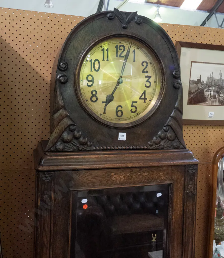deco 1930s vintage oak-cased dome top long case clock with brass dial, glazed bevel edged door, applied pressed Image 1++
