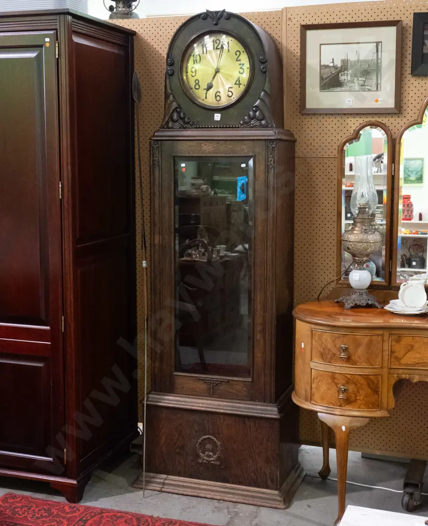 deco 1930s vintage oak-cased dome top long case clock with brass dial, glazed bevel edged door, applied pressed Image 1++
