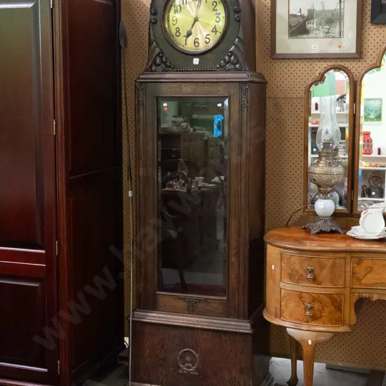 deco 1930s vintage oak-cased dome top long case clock with brass dial, glazed bevel edged door, applied pressed